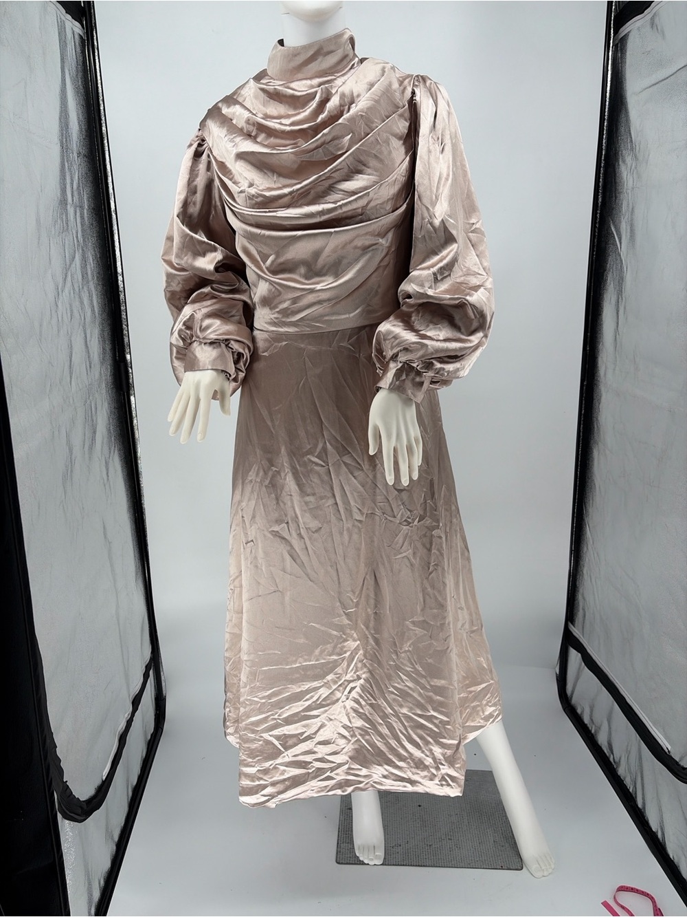 Satin High-Neck Long Sleeve Maxi Dress in Champagne